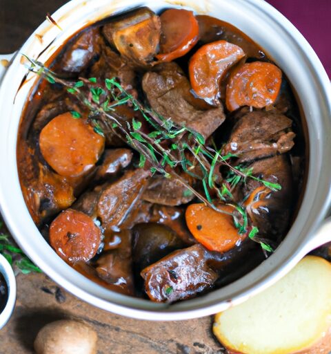 Boeuf bourguignon s hovězím masem.