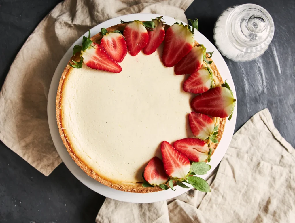 Cheesecake bez pečení s jahodovou polevou na talíři